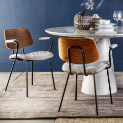 Chaise PERFY à accoudoirs - Toile damier & bois de Noyer