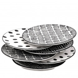 Set de 6 Assiettes porcelaine Black & White  - 21 cm - 3 motifs