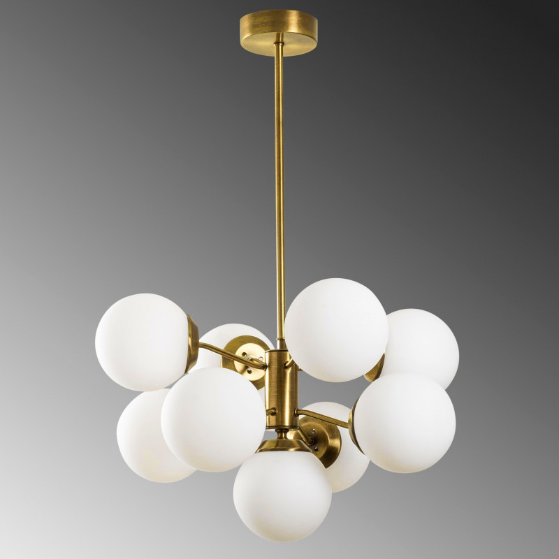 Suspension GLOBUS 5 globes Curve - Laiton patiné & Verre opalin