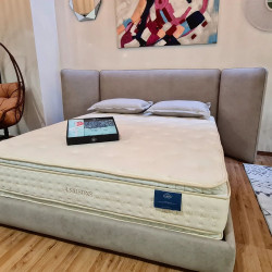 Lit double FRIDA - Toile taupe & chevrons