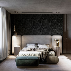 Lit double FRIDA - Toile taupe & chevrons