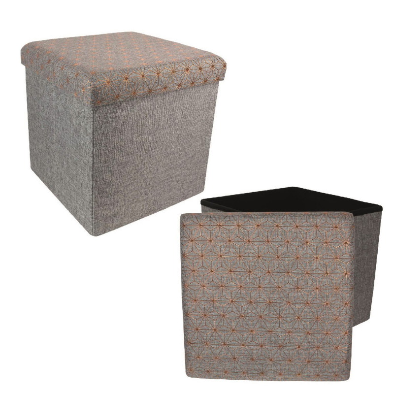 Pouf/Coffre pliable KOBE - Toile grise & motifs cuivrés