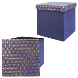 Pouf/Coffre pliable KOBE - Velours bleu marine & motifs or