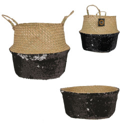 Panier SEQUINO - Jonc de mer & sequins argent et noir
