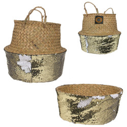 Panier SEQUINO - Jonc de mer & sequins or et blanc