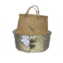 Panier SEQUINO - Jonc de mer & sequins or et blanc