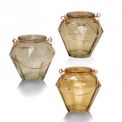 Trio de photophores DIAMOND - verre soufflé & anse cuivrée