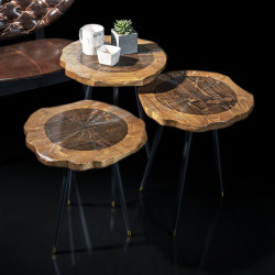 Trio de tables YOKO - Noyer cendré / Laiton doré