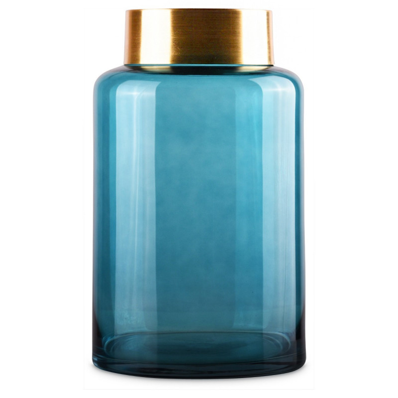 Vase SAYA en vere soufflé Bleu et à col en Laiton - LARGO