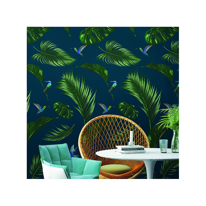 Papier Peint  JUNGLE - Bleu royal - 10m x 53 cm
